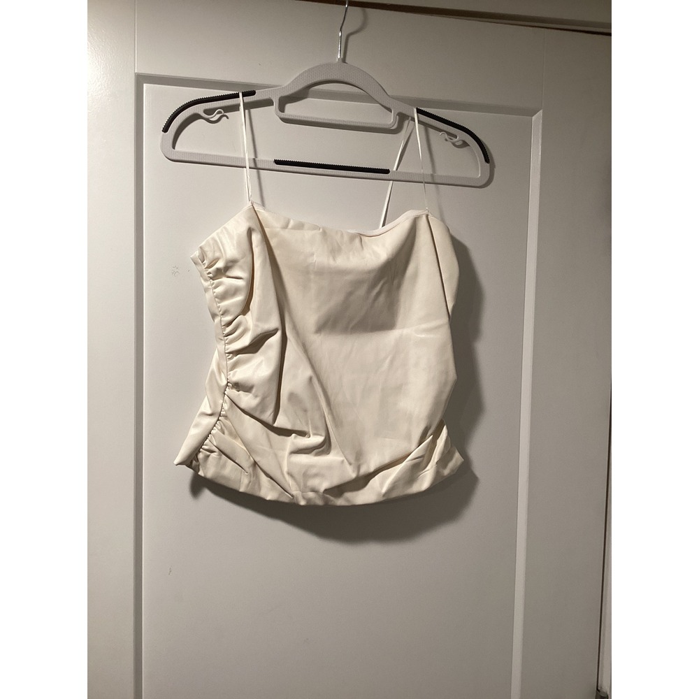 Amanda Uprichard Ivory‎ Faux Leather Ruched Cami Top Cream Square Neck Medium